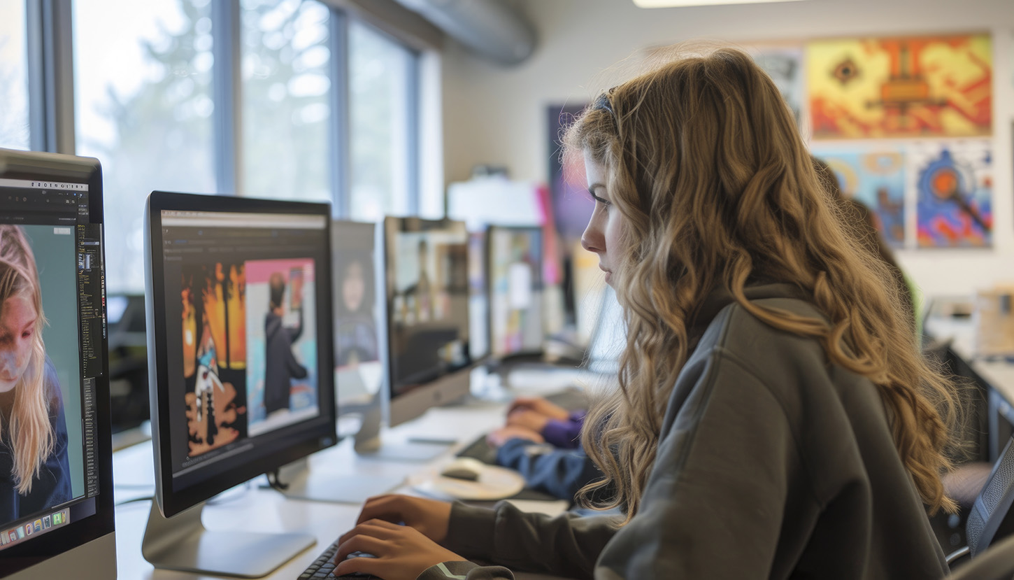 MÁSTER EN DISEÑO GRÁFICO Y CREACIÓN DE CONTENIDOS DIGITALES Jóven estudiante de Diseño Gráfico y contenidos digitales trabaja en el ordenador