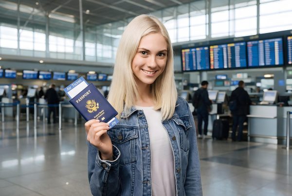 Chica jóven muestra su pasaborte y Billete de avión en el aeropuerto
